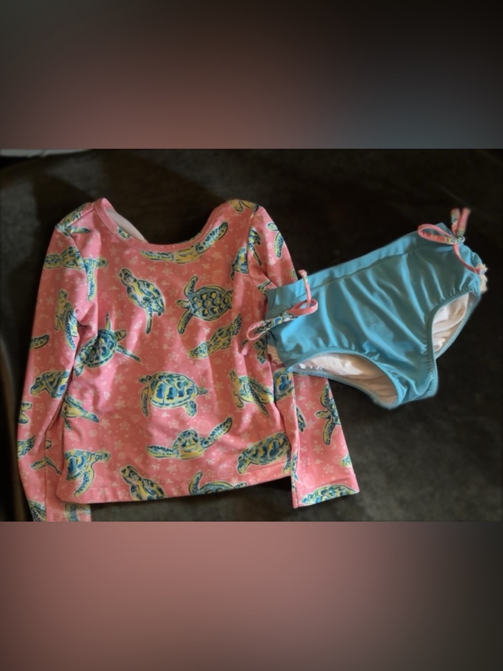 Girls Two-Piece Swim Set - Pink Sea Turtle Print & Blue Ruffle Bottoms